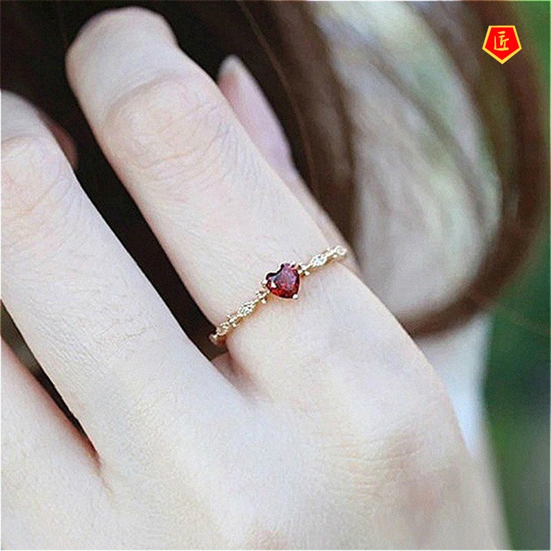 [Ready Stock]Women's Fashion Heart-Shaped Ruby Ring 14K Gold