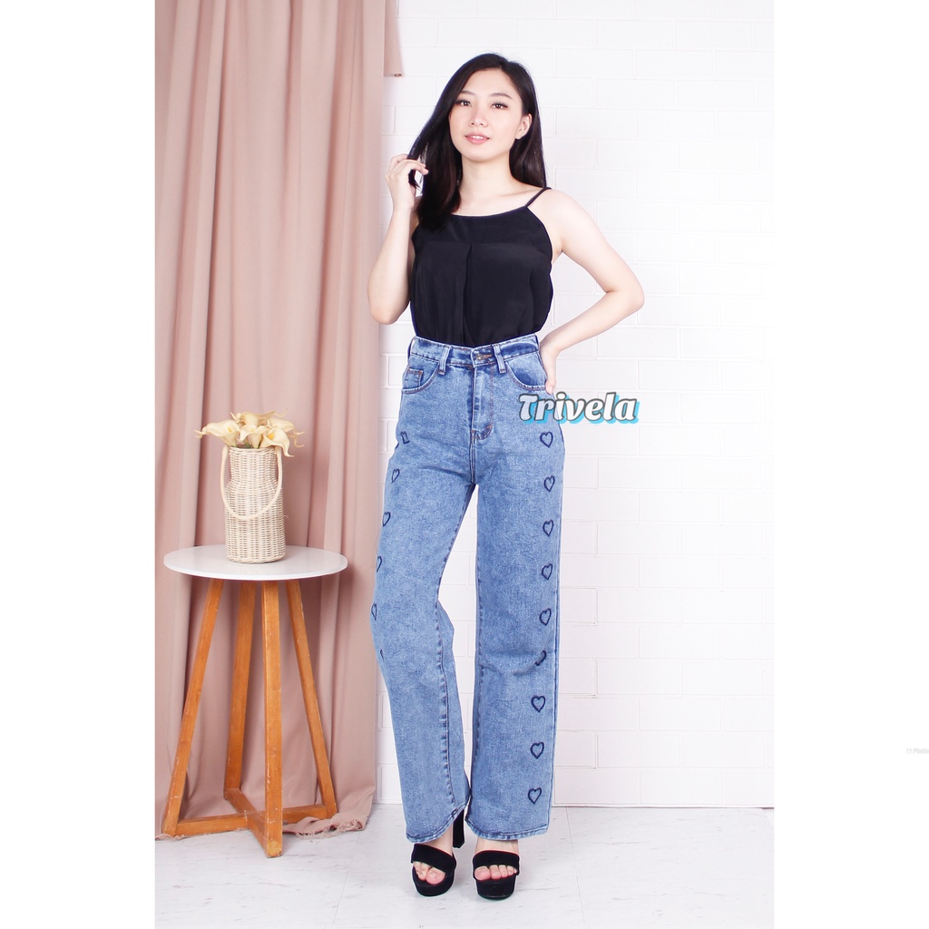 T154 - Kulot Jeans Love / Love Jeans / Celana Jeans Panjang Model Longgar Anti Ngatung / Highwaist Model Korea