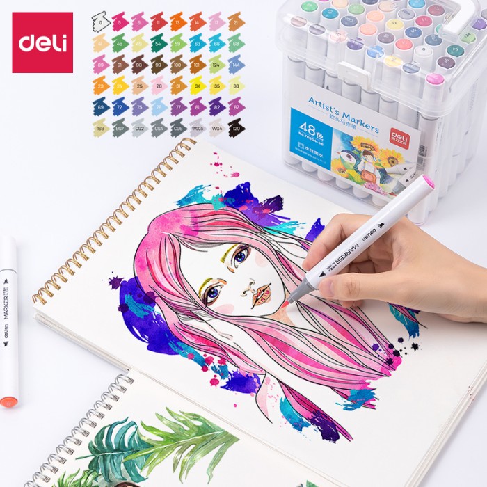 

(BISA COD) Deli Color Water-based Double Tip Marker Spidol Ujung Ganda 70804 - 48 WARNA