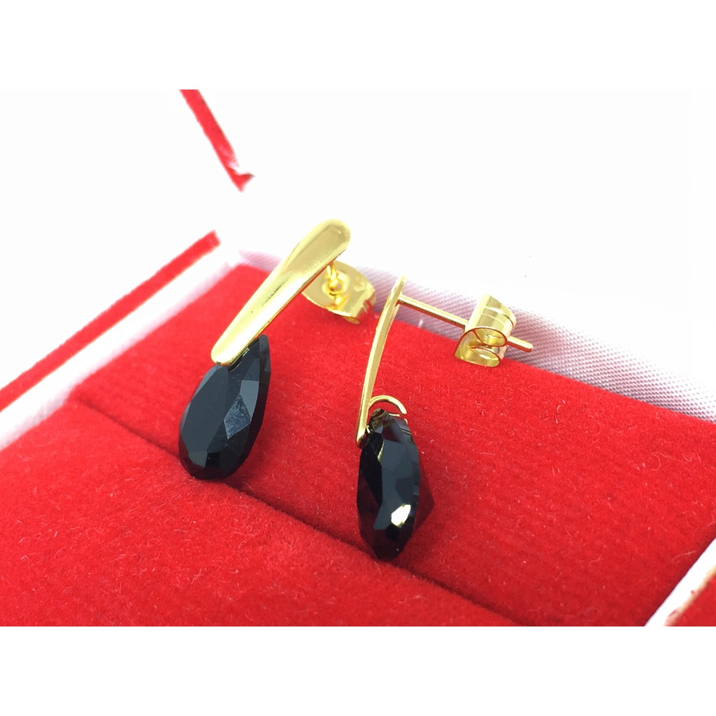 Anting Stainless Steel Lapis Emas 18k Gold Batu Hitam Teardrop BE124H