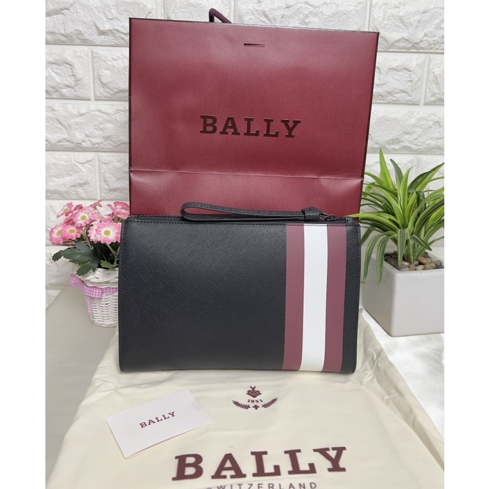 Bally Clutch Bag in Saffiano Leather With Striped Band Original