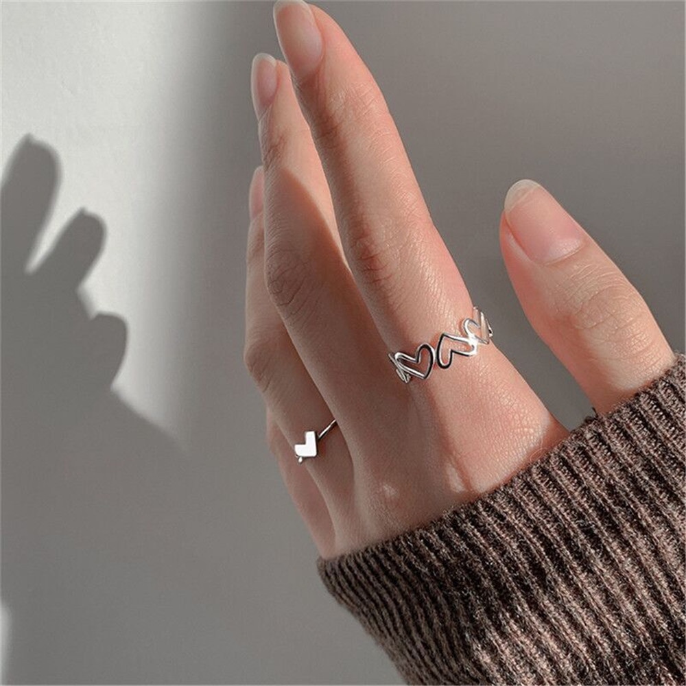 【COD Tangding】2pcs/set Love Ring Female Fashion Personality Single Opening Ring Fashion Accessories Jewelry