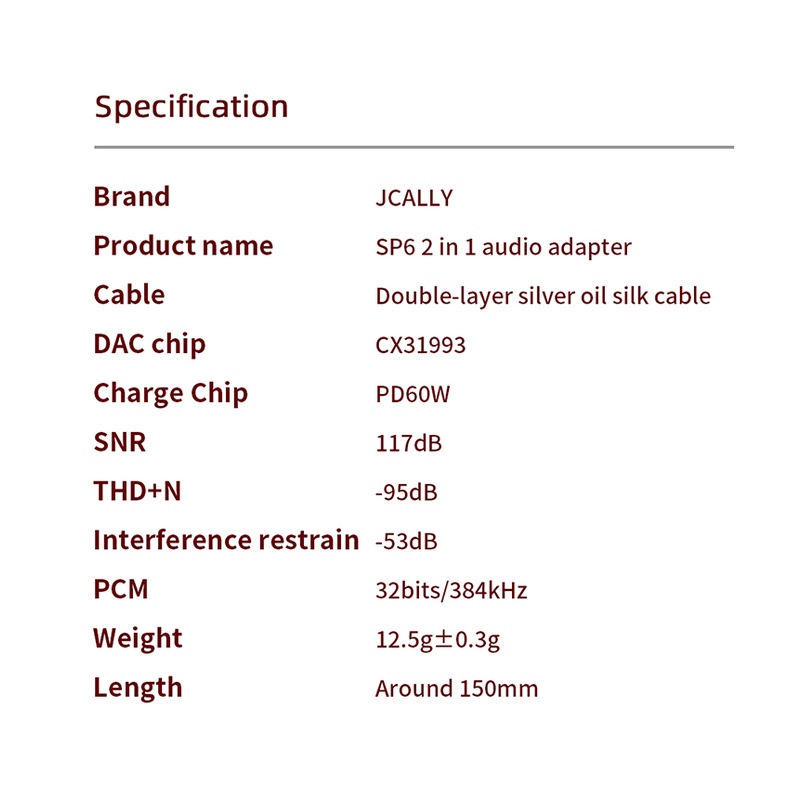 JCALLY SP6 2 in 1 Audio Adapter CX31993 DAC Hi Res Converter 32bits/384kHz