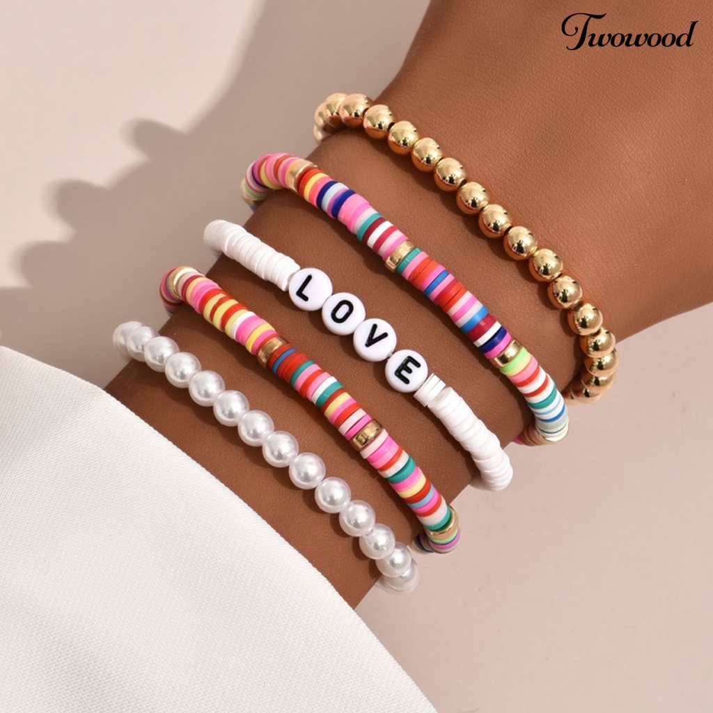 5pcs Gelang Bahan Polymer Clay Motif Tulisan Love Warna-Warni Gaya Bohemian Untuk Unisex