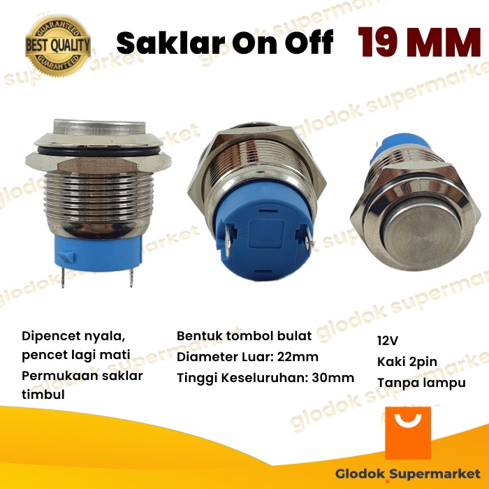 Switch Metal 19mm Push On Off 2 Pin Saklar Stainless 2pin Tombol Self Locking