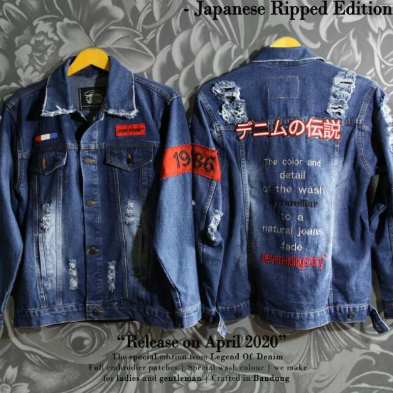 LEGEND OF DENIM™ Jaket Jeans Pria Original Ripped Full Bordir Korean Style Series Jaket Cowo Sobek