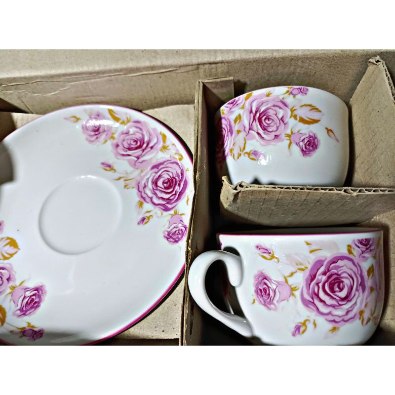 { 1 set / 6pcs } Tea Set Kopin Motif Bunga Mawar  / Cangkir Mawar + Tatakan Bawah