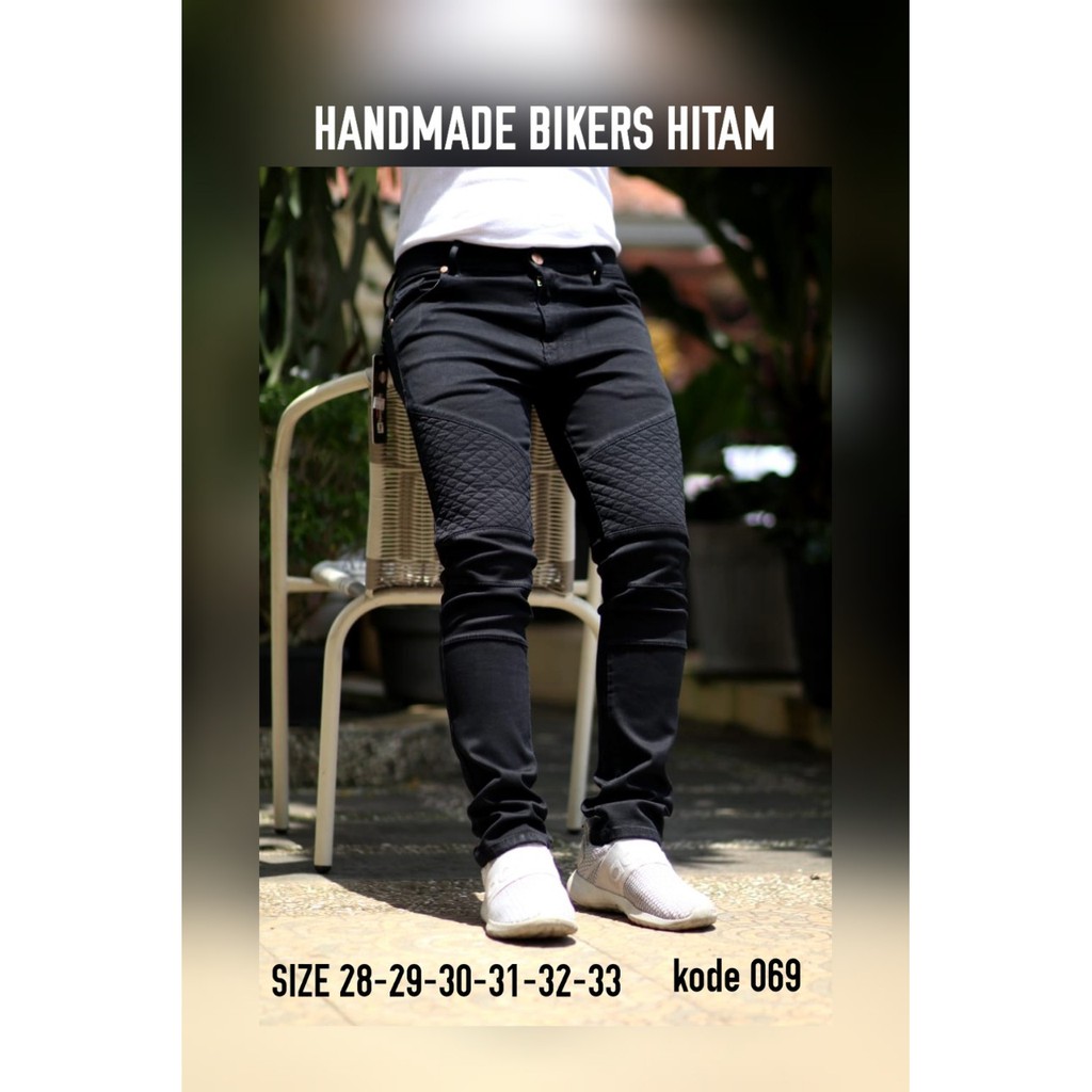 Celana Jeans Pria Skinny Biker Motor Ripped Knee Rips Sobek Robek Black Denim Streact Berkualitas