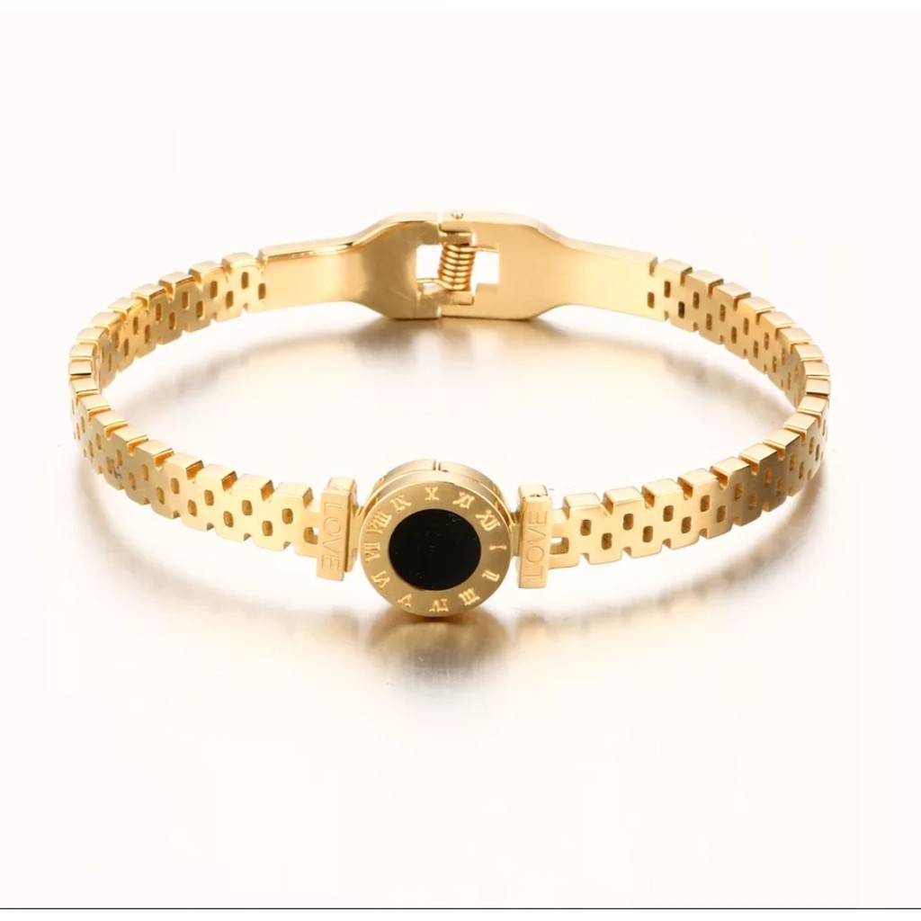 Gelang Bangle Titanium Angka Romawi Love Desain Round Resin Hitam Tersedia Warna Rose Gold, Gold dan Silver