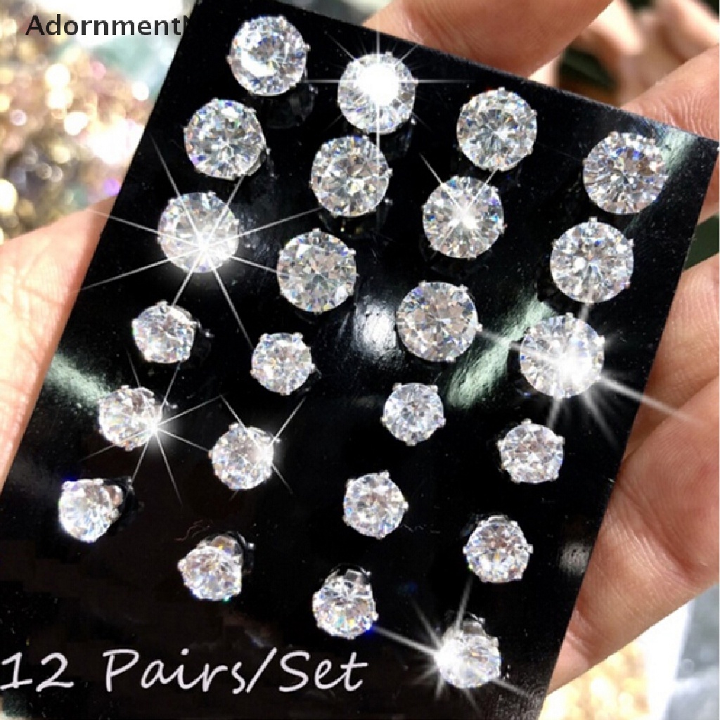 (AdornmentNo1) 12 Pasang / Set Anting Tusuk Kristal Berkilau Untuk Wanita