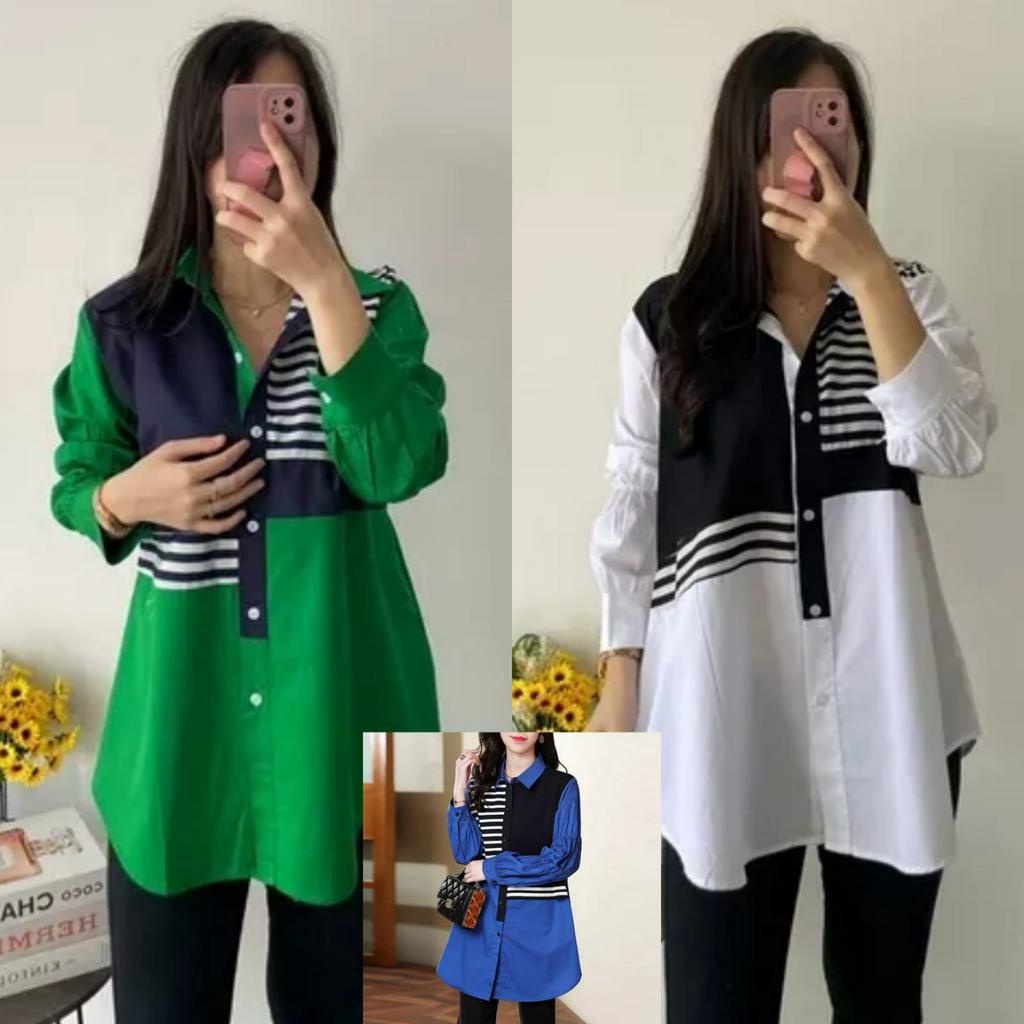 SJM TUNIK KEMEJA OVERSIZE SALUR GARIS BAHAN OVERSIZED 8040