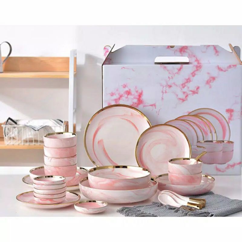 ( GARANSI PECAH )Piring makan marble series 26 pcs with GIFT BOX