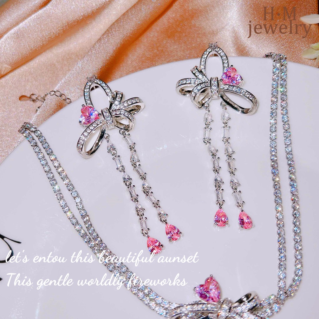 Set Anting Tusuk Gantungkalung Rantai Dengan Liontin Bentuk Hatikupukupu Aksen Berlian Imitasi Twin