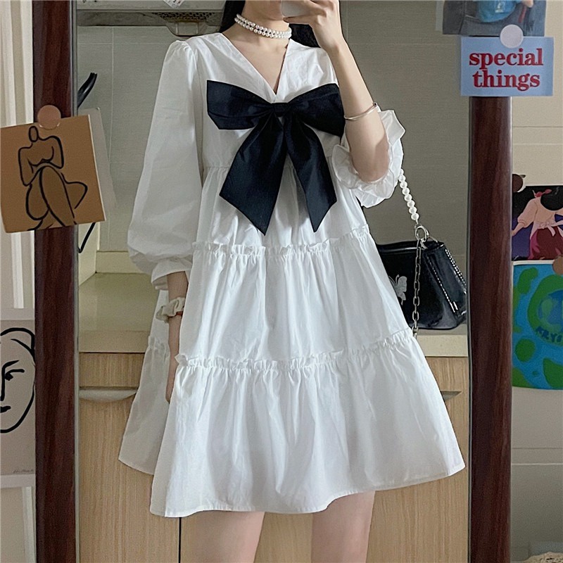 TBI Import Street Style Big Bow Midi Dress Korea Jana Loose Dress Model
