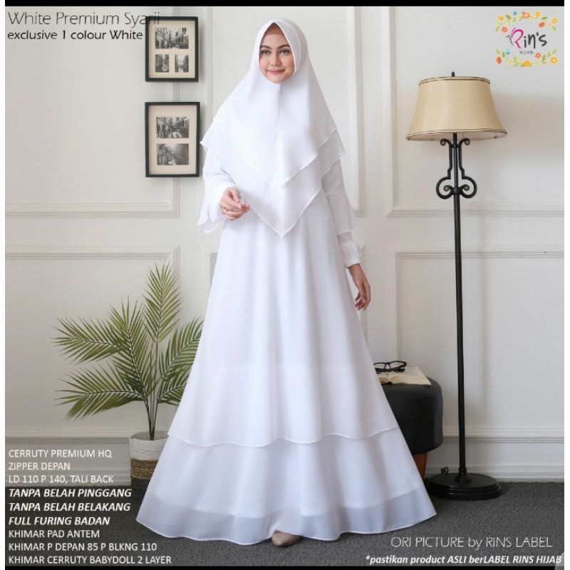 Gamis syari putih polos gamis syari set khimar putih White Premium Fatimah Amirah Syari OriRins