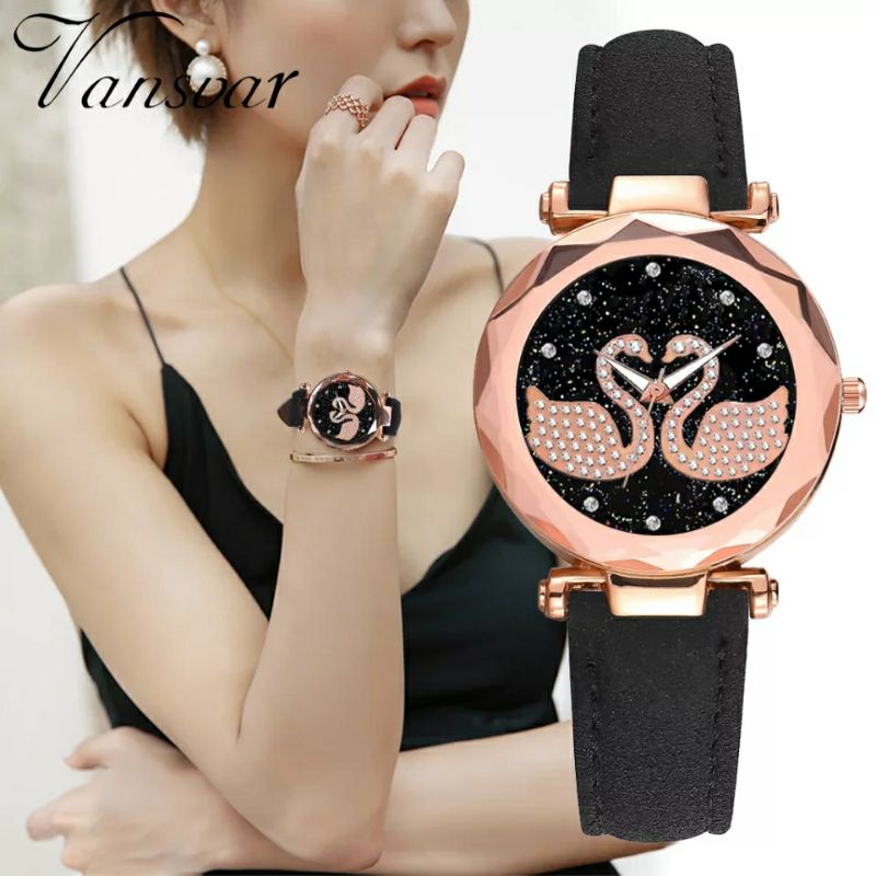 jam tangan wanita Geneva  J175 original impor leather jam tangan analog wanita motif angsa langit be