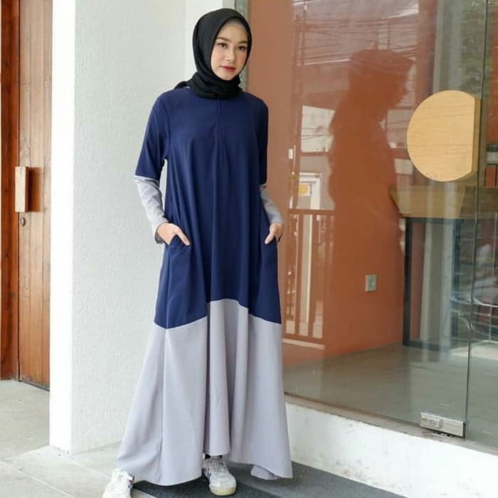 GAMIS JERSEY ABU ABU SILVER MOTIF RELIEF BAJU WANITA SYARI MURAH HASUNA SHOP LONG DRESS HASUNASHOP I