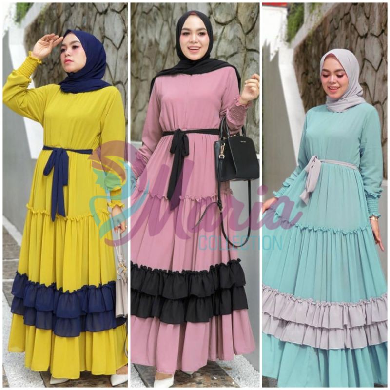 MARIA COLLECTION Rayola Long Dress - Gamis Muslim Remaja Dewasa Busui Style Elegan Bahan Jersey Lemonskin All Size-1