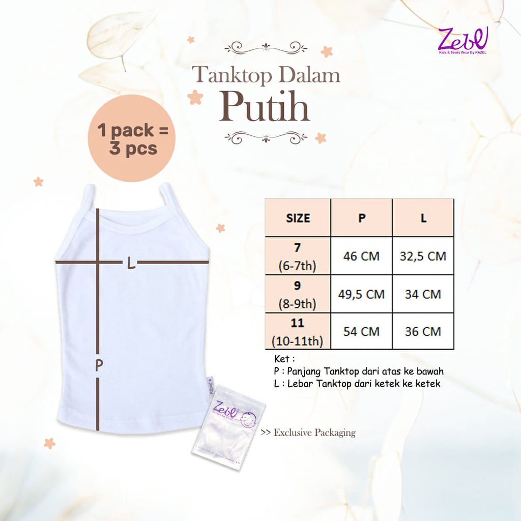 Zebe Tanktop Dalam Putih (3 pcs, Usia 6-11 tahun)