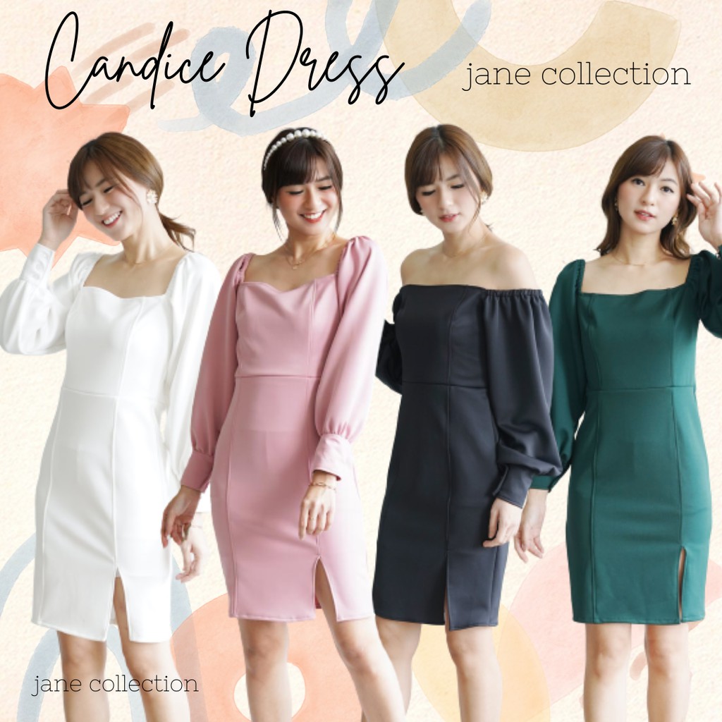 JANE COLLECTION || Sabrina Dress Scuba Lengan Balon Square Neck Candice Dress Bodycon Hitam Putih