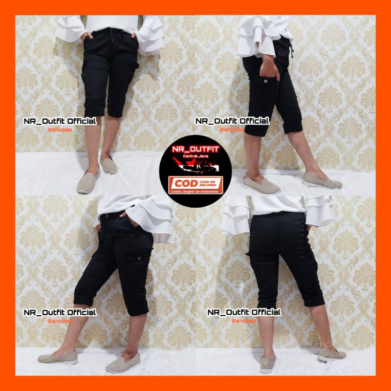 Celana Pendek Wanita Jumbo 7/8 Kantong Cargo Katun Twill Street Grade A Full Pinggang Karet Muter