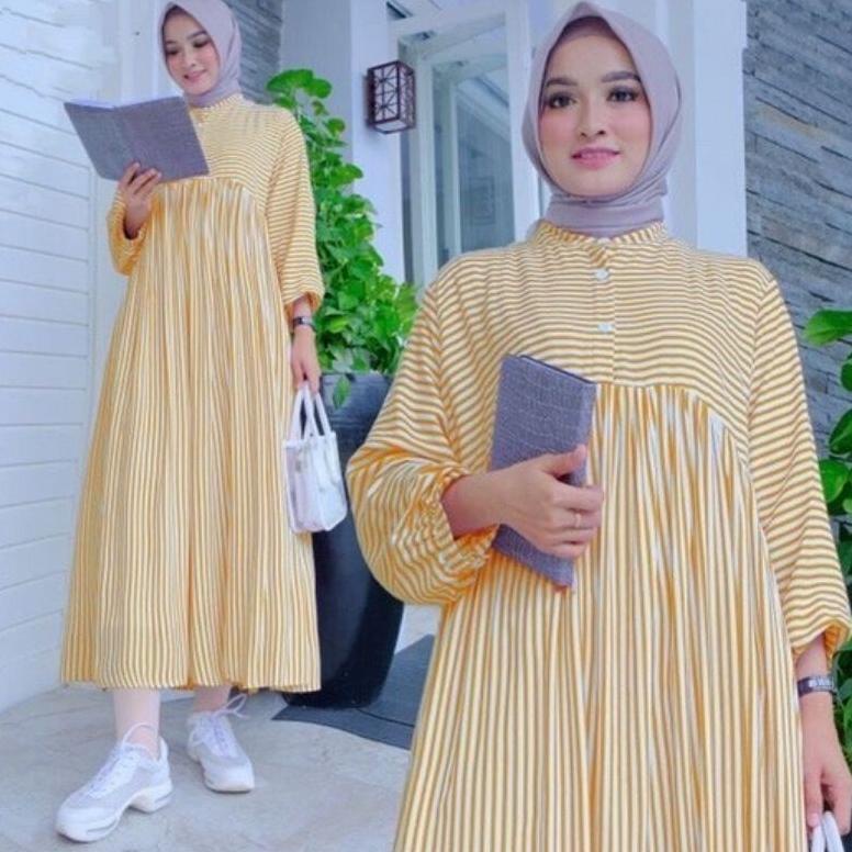 DRESS MIDI MOTIF DRESS POLOS KATUN BAJU GANTUNG SEMI DRESS GARIS-GARIS OUTFIT STRIP WANITA DRES KEKI