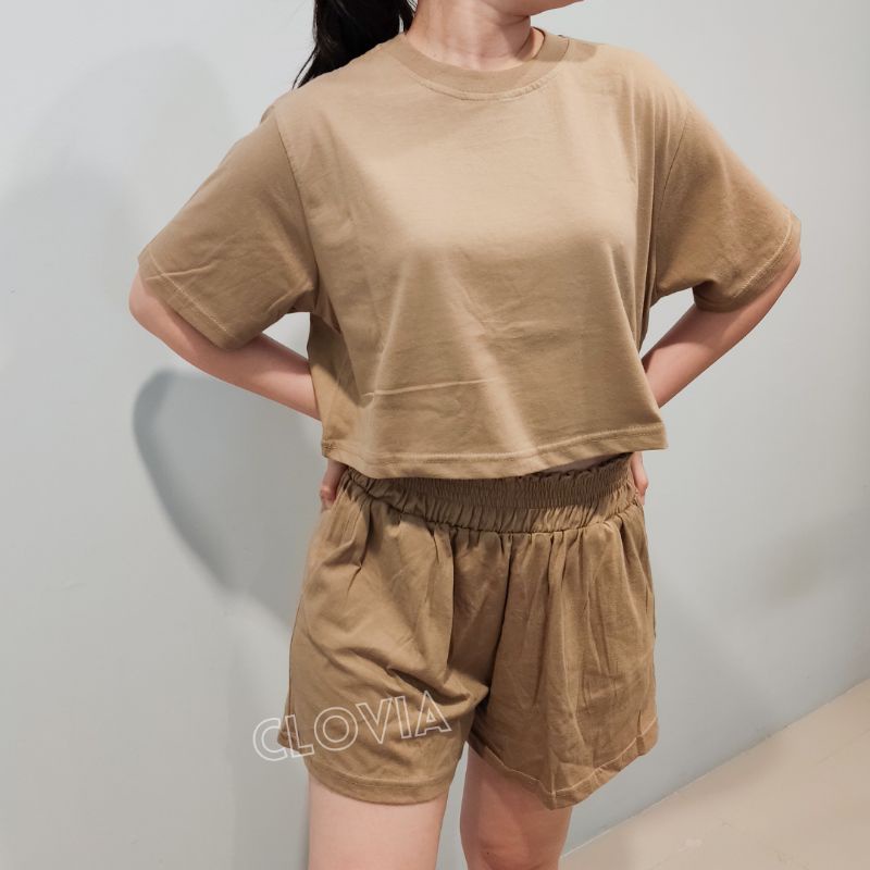 LEXA Crop Set Baju Kaos Setelan Crop Celana Pendek Wanita One Set Premium