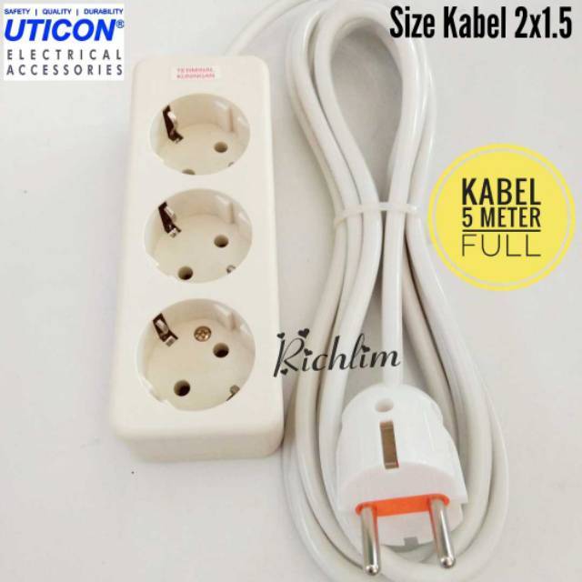 Stop Kontak Uticon 3 Lubang/Colokan Listrik+Steker Arde+Kabel 2x1.5 Serabut 5 Meter