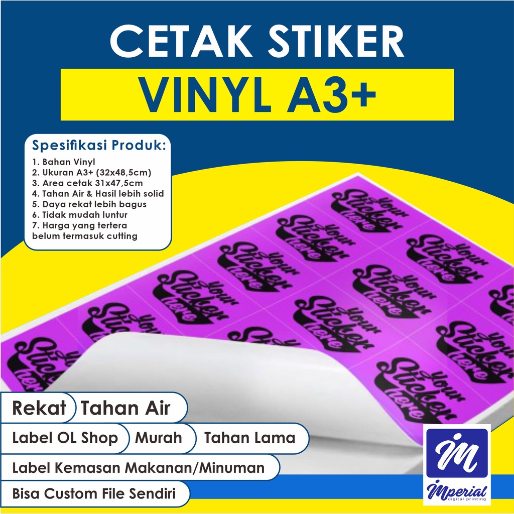 

Cetak Stiker Vinyl A3+ Custom / Label Olshop / Kemasan Makanan / Minuman / Packaging / Tahan Lama / Kualitas Baik