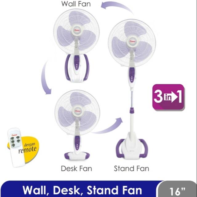 Kipas Angin dgn Remot Wadesta 3in1 (Dinding Meja Lantai) Cosmos 16 S088/ stand fan 16so88 remote