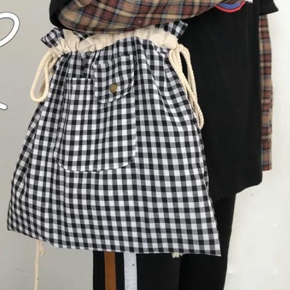 ➲ AC TBDSCK Drawstring Linen Canvas Drawstring Tote Bag Tas Serut Jinjing Bahu Kanvas Motif Kotak Ok