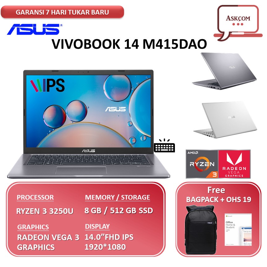 ASUS VIVOBOOK M415DAO RYZEN 3 3250 8GB 512ssd 14.0&quot;FHD IPS Win10+OHS19