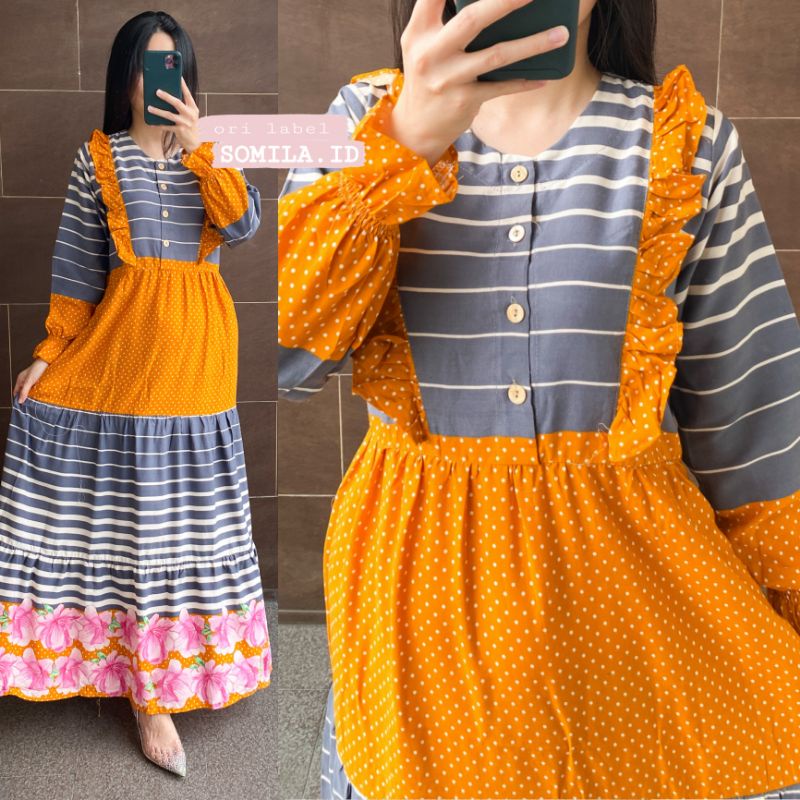 LONG DRESS REMPEL DADA SOMILA.ID GROSIR DASTER TERBARU BUSUI LENGAN PANJANG HOME DRESS RAYON. TROPIS