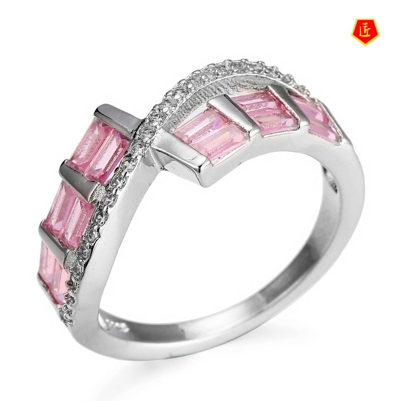 [Ready Stock]Creative Inlaid Square Diamond Pink Crystal Ring Female Fashion