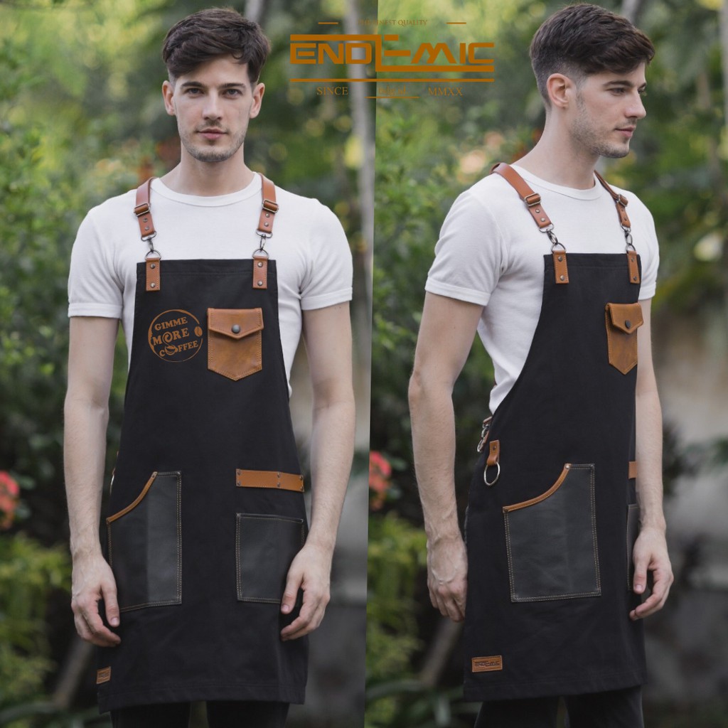 apron barista full cotton &amp; synthetic leather  include embroidery