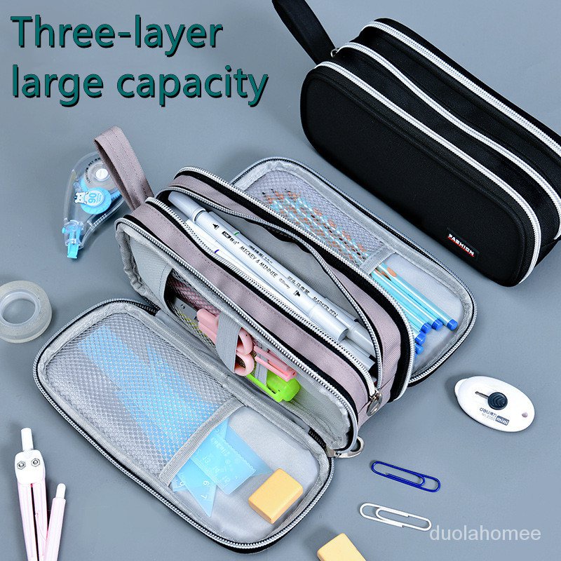 

AGOEE-Large-capacity three zipper portable pencil case cloth canvas school student stationery box multifun