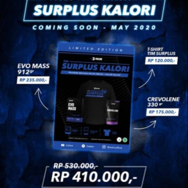 PROMO SURPLUS KALORI EVOLENE EVOMASS + CREVOLENE FREE SINGLET CREEVOLENE GAINER CREATINE