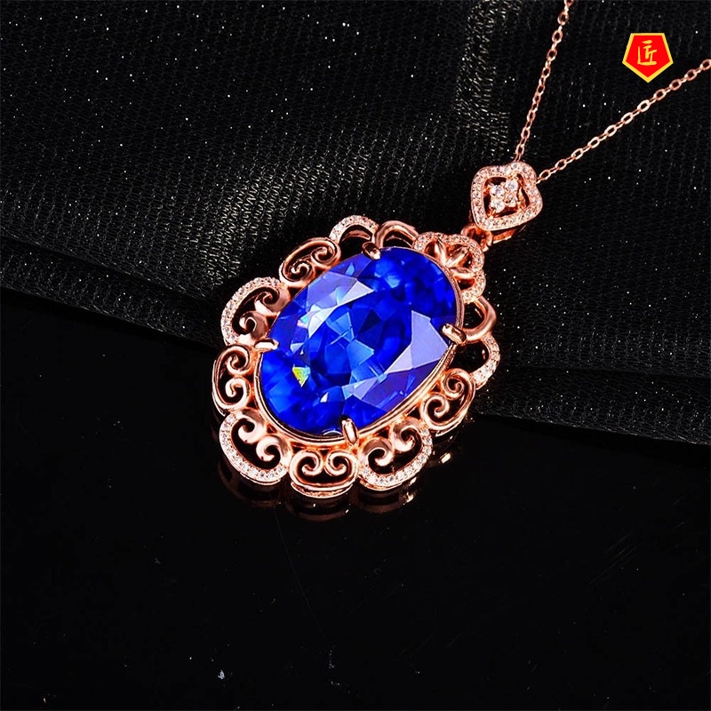 [Ready Stock]Luxury Inlaid Sapphire Pendant 18K Rose Gold Necklace Elegant Advanced