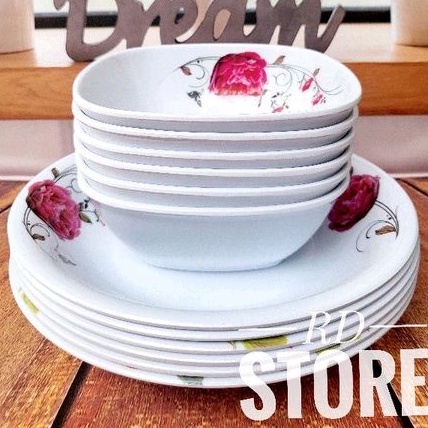 PROMO 12.PCS ISI 6.PIRING MAKAN 6.MANGKOK SAYUR BAHAN MELAMINE WARE MOTIF ROSE TEBAK DAN KUAT