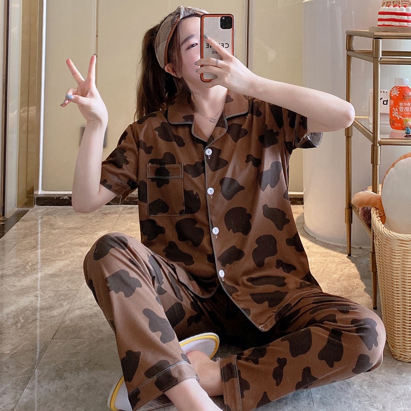 BAJU TIDUR PIYAMA SET KEMEJA CP LENGAN PENDEK CELANA PANJANG IMPORT PREMIUM BANYAK MOTIF 3-Susu Coklat