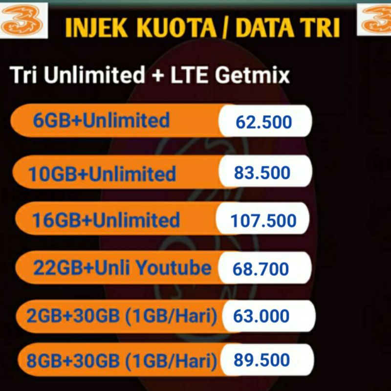 injek kuota Tri / 3 aon 6 Gb, 10Gb, 16 GB, 22GB Unlimited, 32GB, 38GB LTE MURAH (di isi ke nomor)