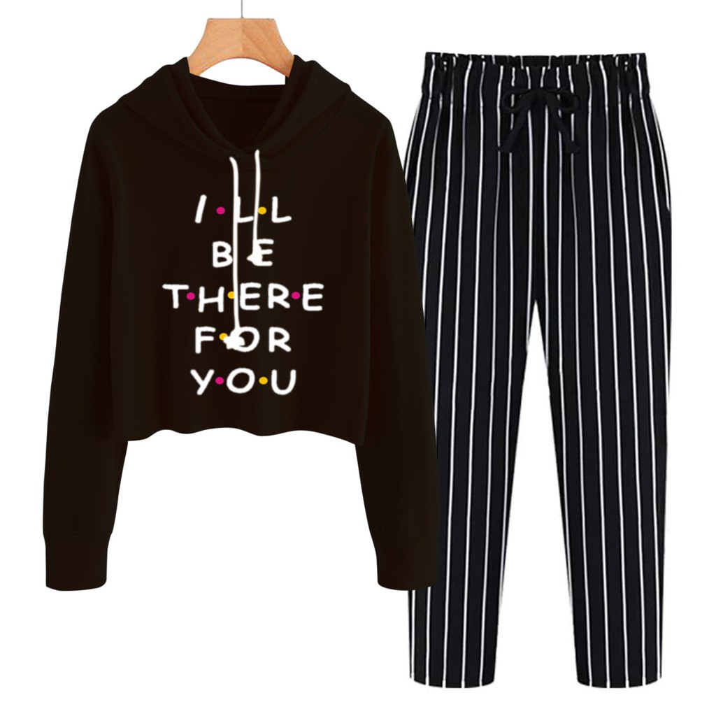 BESS - Baju Setelan Wanita Murah / Setelan Hoodie Crop + Celana Salur Hitam - I BE THERE