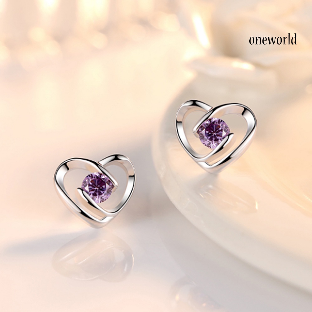 OW# Fashion Women Cubic Zirconia Inlaid Swirl Heart Ear Stud Earrings Jewelry Gift