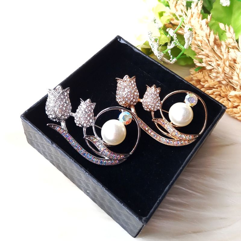 Athar shop COD Bros mutiara kristal fashion korea aksesoris fashion pin bros tuspin-Tulip 02 silver
