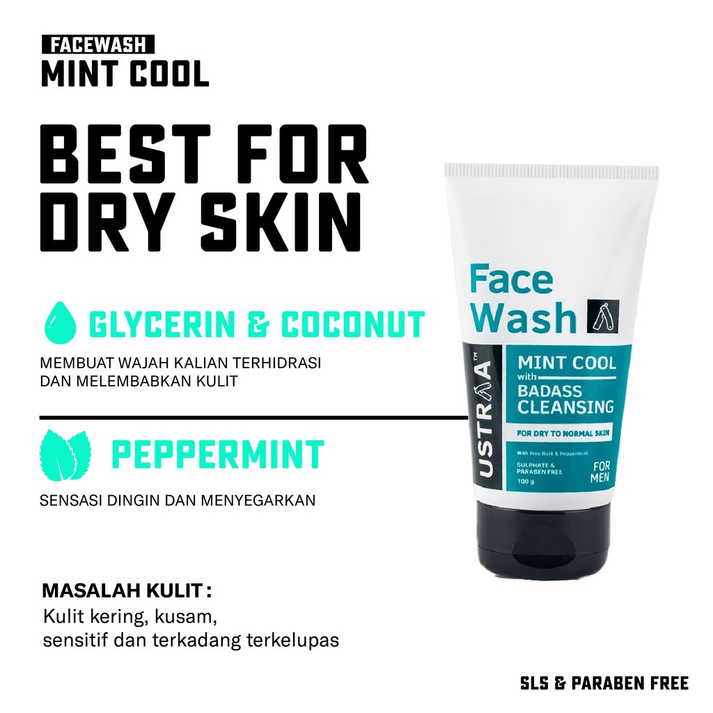 Sabun Muka Pembersih Wajah Pria untuk Kulit Kering Kusam Sensitif Ustraa Face Wash Mint Cool with Badas Cleansing 100gr