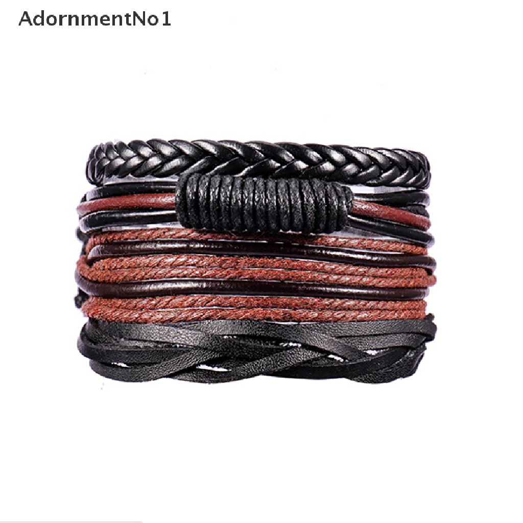 (AdornmentNo1) 4pcs / Set Gelang Tangan Tali Kulit Multilayer Motif Kepang Handmade Untuk Pria