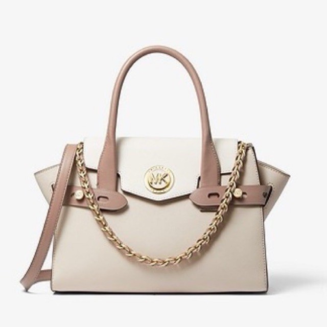 MICHAEL KORS MK Carmen Small Color-Block Saffiano Leather Belted Satchel  Light Sand Multi
