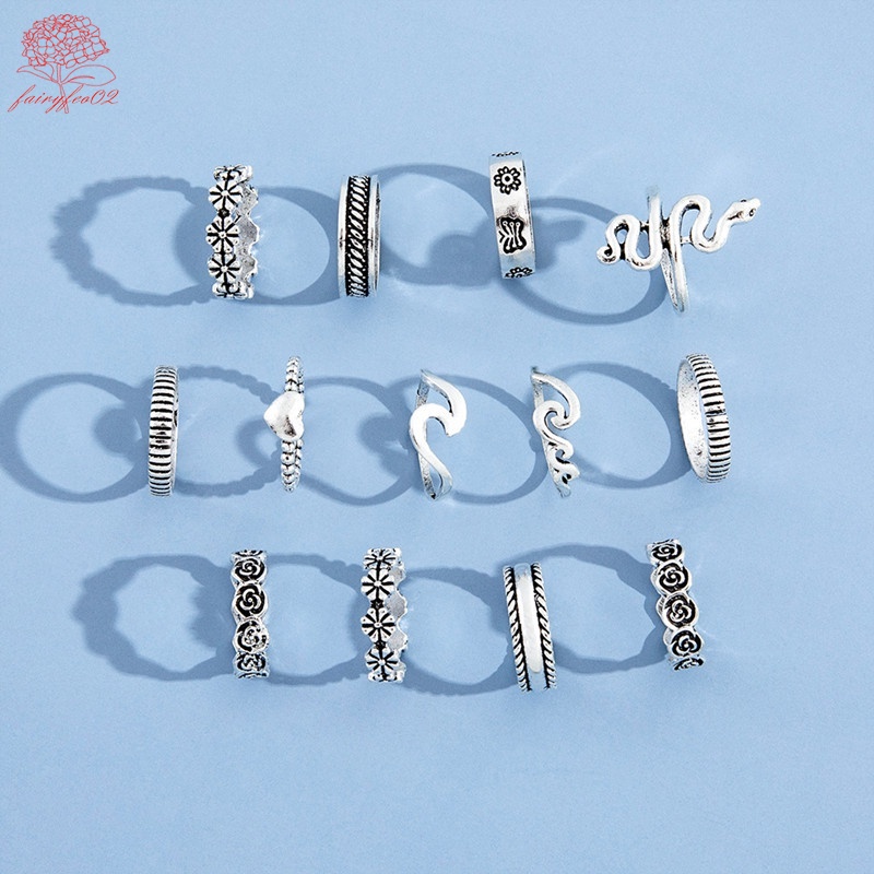 13pcs / set Cincin silver Bentuk Ular / Bunga / Gelombang Gaya Vintage Untuk Wanita