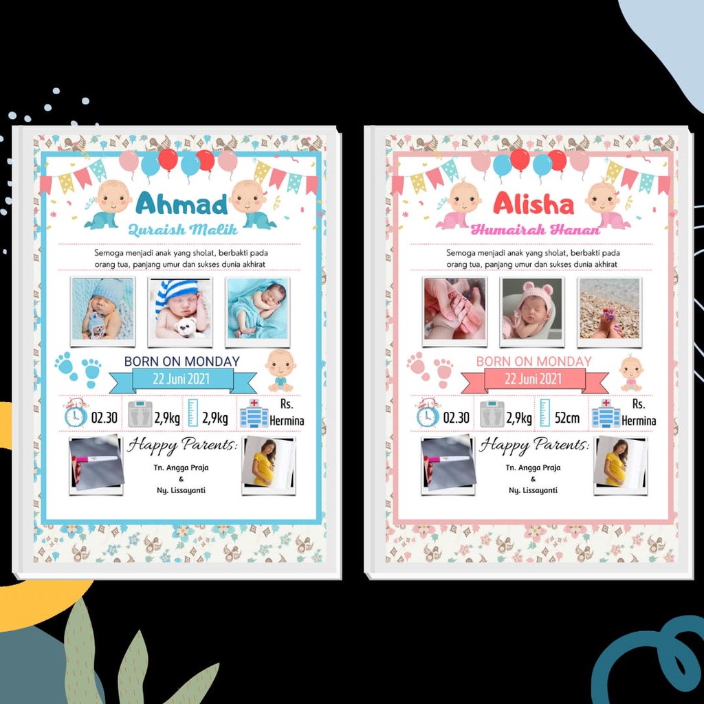 FRAME KACA + CETAK + DESAIN foto biodata anak bayi hadiah gift kado hampers lahiran melahirkan unik
