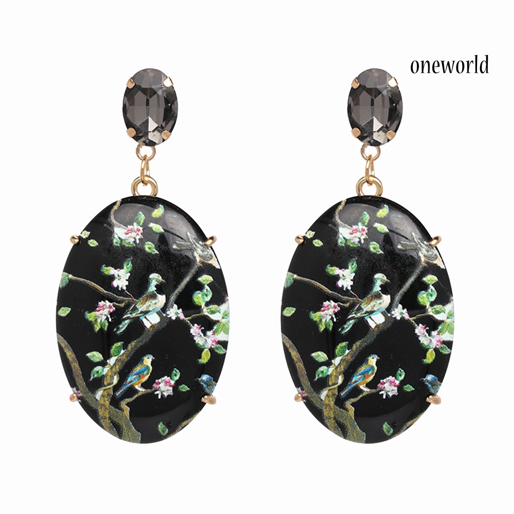 OW@ Retro Women Floral Oval Faux Gemstone Dangle Earrings Eardrop Party Jewelry